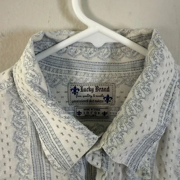 Lucky Brand Mens Large 100% Linen Blue White Paisley Striped Button Down Shirt - Picture 2 of 5